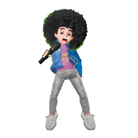 a cartoon character with an afro holding a microphone and wearing a shirt that says good morning