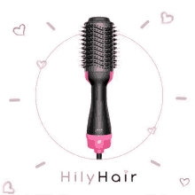 a pink and black hair dryer is surrounded by pink hearts and the words hily hair