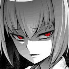 a black and white anime girl with red eyes is making a funny face .