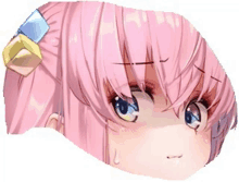 a close up of a pink haired anime girl 's face with blue eyes .