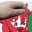 a cartoon girl with red hair and red lips is being propped up by a hand .