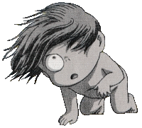 a black and white drawing of a naked child crawling on the floor .