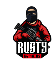 a logo for rusty remains shows a man in a red jacket holding a gun