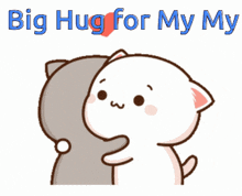 two cartoon cats hugging each other with the words " big hug for my my " above them