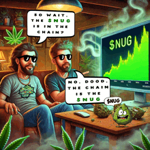 a cartoon illustration of two men sitting in front of a computer screen that says snug