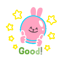 a pink bunny giving a thumbs up with the words good surrounded by yellow stars