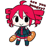 a cartoon of a girl with red hair holding two loaves of bread and the words are you hungry