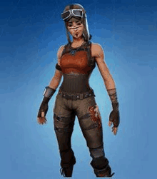 a woman is standing in a video game wearing a helmet and goggles .