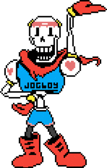 a pixel art drawing of papyrus with a shirt that says jogloy