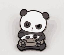 a panda bear is holding a video game controller in its paws