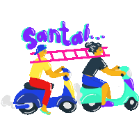 two people are riding scooters with the word santai written on the bottom