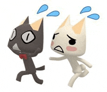 two cartoon cats , one black and one white , are running away from each other .