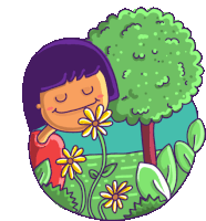 a cartoon of a girl smelling a flower with a tree in the background