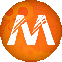 an orange circle with a white letter m in it