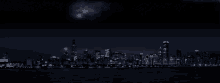 a city skyline at night with a full moon