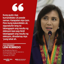 a woman speaking into a microphone with a quote from leni robredo