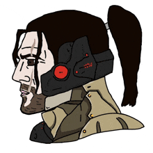 a drawing of a man with a ponytail and a helmet