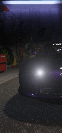 a purple car is parked in a garage with graffiti on the walls