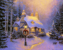 a painting of a house covered in snow with a wreath on a lamp post