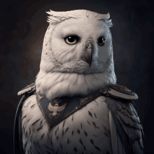 a white owl with a blue and gold eagle on its shoulder