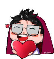 a cartoon of a man with glasses holding a red heart with the name meko on the bottom right