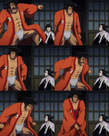 a collage of images of a man in a kimono and underwear