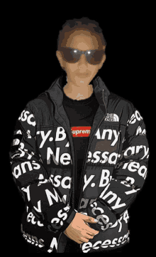 a person wearing sunglasses and a jacket with supreme written on it