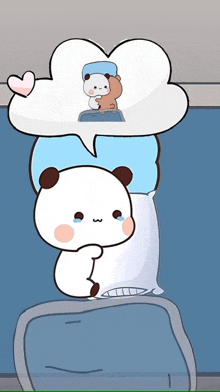 a cartoon of a panda laying on a bed with a speech bubble above it .