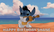 a cartoon of stitch playing a guitar with the words happy birthday shane below it