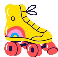 a yellow roller skate with red wheels has a rainbow on it