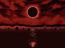 a drawing of a skeleton in the water with a full moon behind him