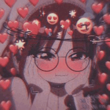 a girl with glasses and a hat is surrounded by hearts .