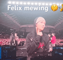 a man in a hoodie stands in front of a crowd with the words felix mewing above him