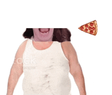 a woman in a white tank top with a slice of pepperoni pizza flying in front of her face .