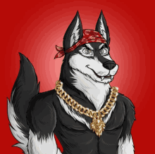 a drawing of a husky wearing a gold chain and a bandana