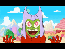 a cartoon character with a green face and purple hair