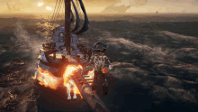 a pirate ship is on fire in the ocean