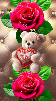 a teddy bear holding a heart with the name anita cruz written on it