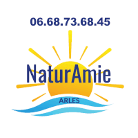 a logo for naturamie arles with a sun and waves