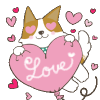 a brown and white cat is holding a heart shaped balloon that says love