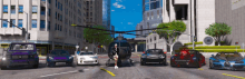 a woman stands in front of a helicopter and a group of cars