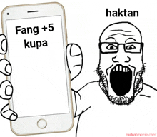 a black and white drawing of a man holding a cell phone that says haktan