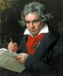 a painting of beethoven holding a pencil and a piece of paper with the letters bb on it