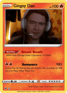 a pokemon card with a picture of a man wearing headphones and the name gingey dan