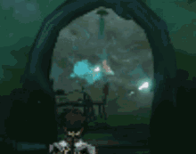 a pixel art of a person standing in front of a mirror with a blue light coming out of it