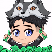 a cartoon of a boy with a wolf mask on his head holding money