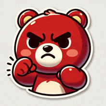 a red teddy bear with boxing gloves on looks angry