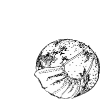 a black and white drawing of a globe with a mask on it