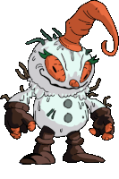 a cartoon drawing of a snowman with carrot eyes