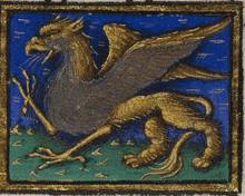 a painting of a griffin with wings and a tail